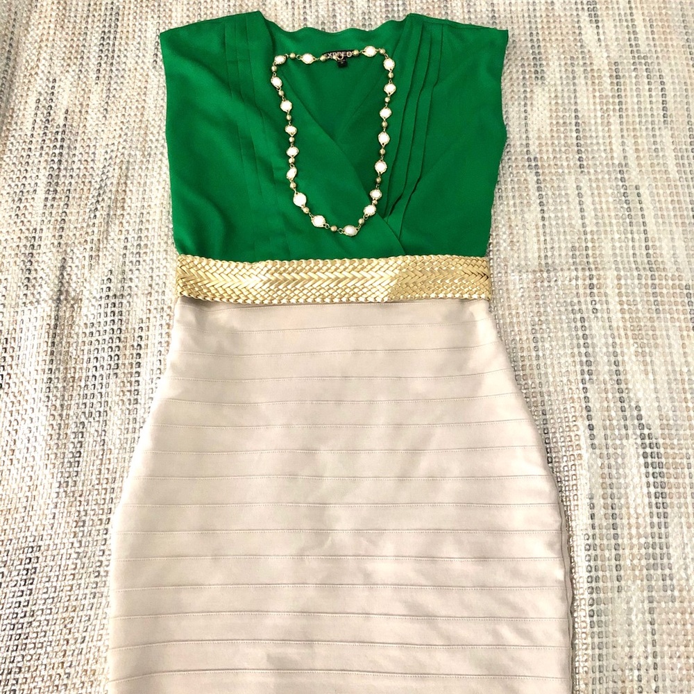 Express Green and Cream Fitted Dress